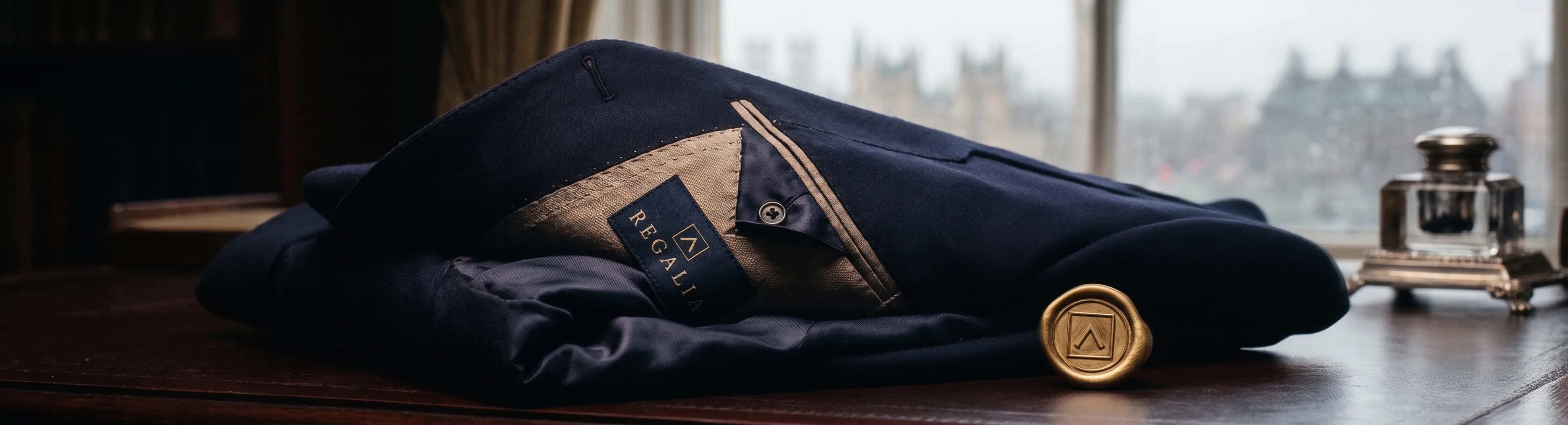 Folded navy REGALIA jacket with house label and gold seal