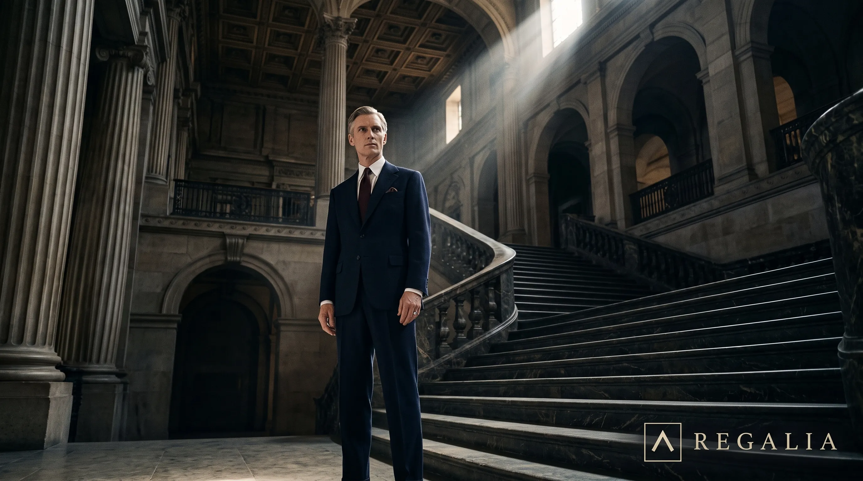 Man in a navy REGALIA suit standing in a grand classical hall